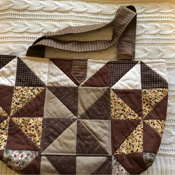 Custom Made Quilted Patchwork Brown Tote Bag - Picture 2 of 6